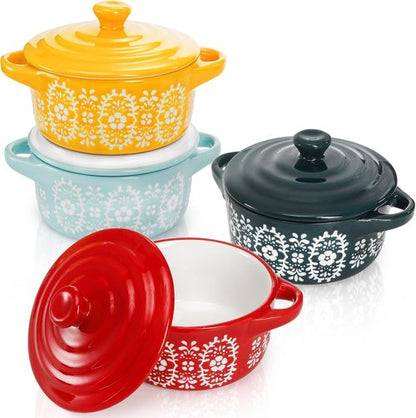 Goaste 4 Pack Porcelain Ramekins - 7 OZ Mini Casserole Dishes with Lids & Handles | Round Ceramic Cocotte Bowls for Soufflé, Crème Brûlée, Lava Cake & Soup (4 Colors)