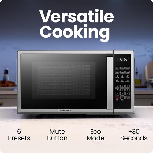 Chefman Microwave Oven - 1.1 Cu. Ft. Digital Stainless Steel | 1000 Watts, 6 Auto Menus, Eco Mode, Child Safety Lock