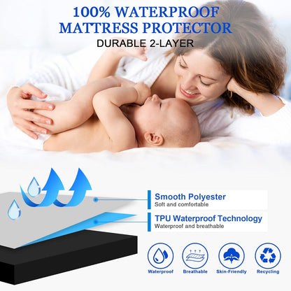 Sufdari Waterproof Mattress Protector - Twin Size Bed Cover with 18" Deep Pocket - Black