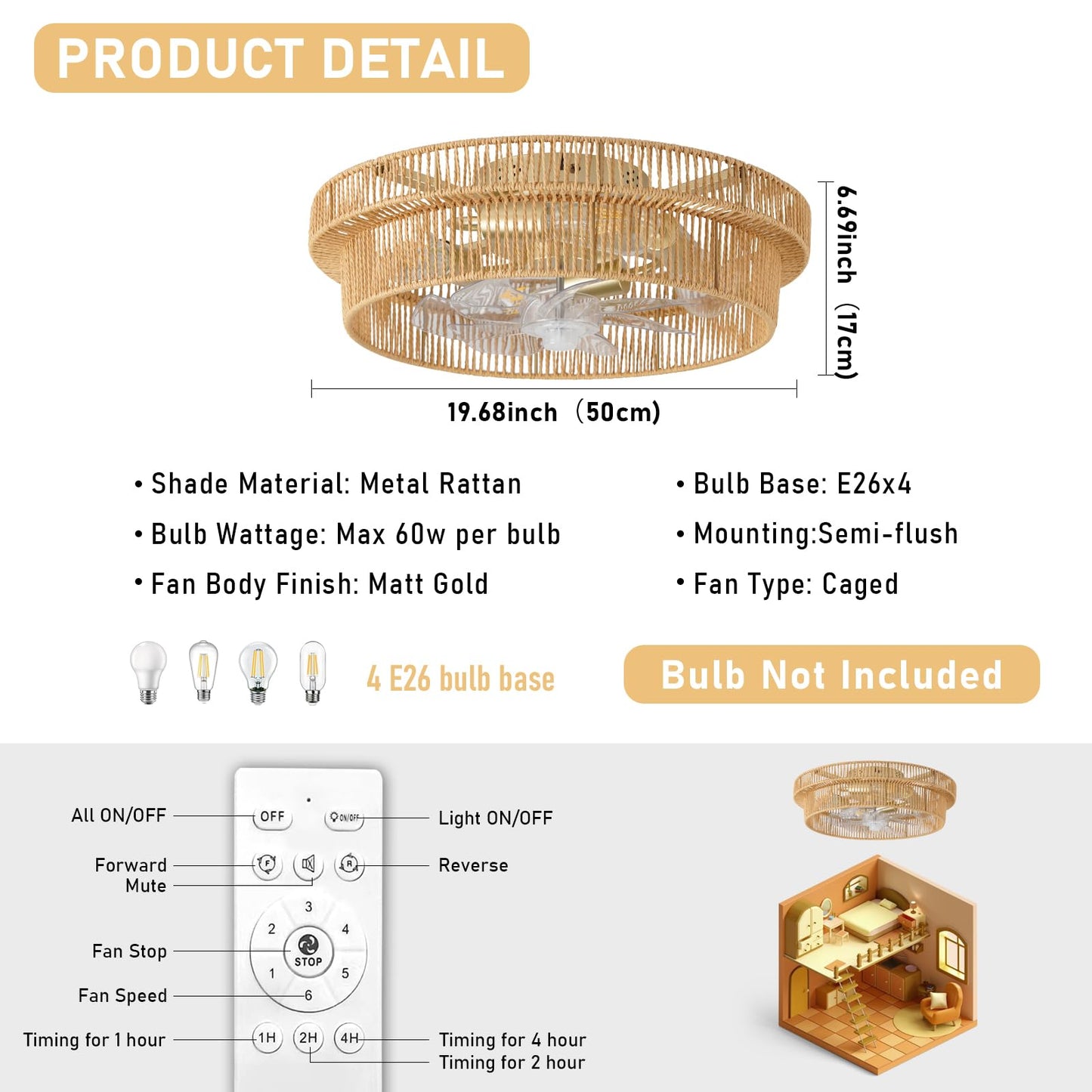 WONGU 20" Boho Ceiling Fan with Light,Rattan Caged Fandeliers with Lights and Remote/Hidden Blade/Low Profile/6-speed for Bedroom Living Room Kitchen（Brown Woven Cage Ceiling Fans