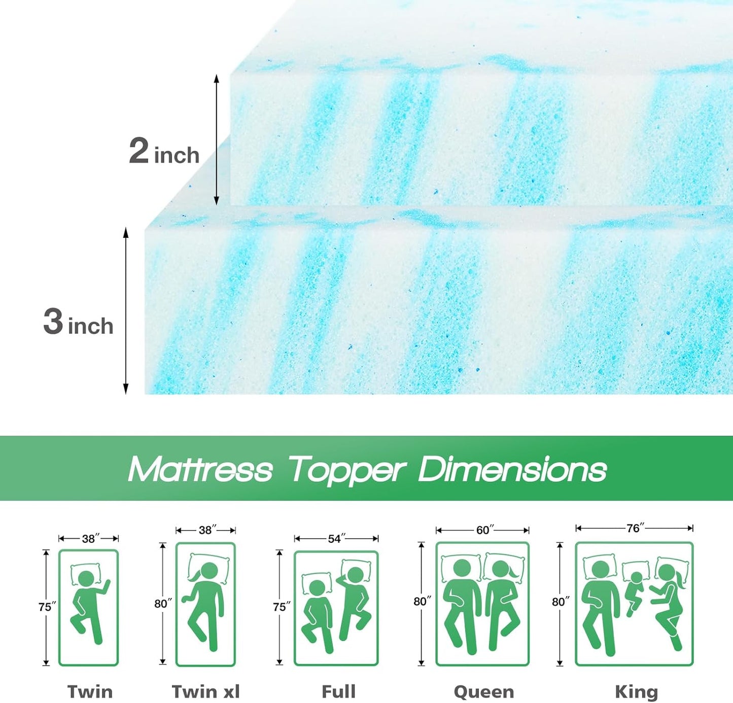Sweetcrispy Mattress Topper - 2 Inch Thick Memory Foam Gel Infused Cooling Pad for Queen Size Bed | CertiPUR US Certified, Breathable Blue