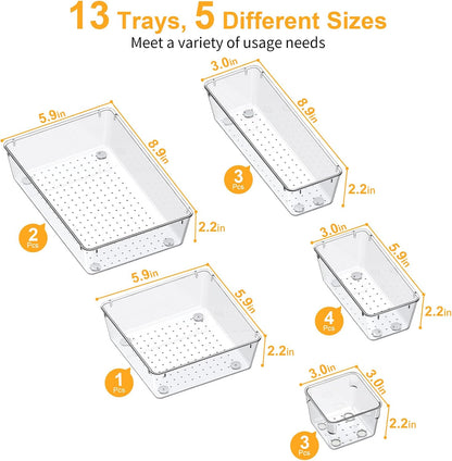 SMARTAKE 13-Piece Drawer Organizers - Non-Slip Silicone Pads for Makeup, Jewelry & Utensils | Clear Storage Trays