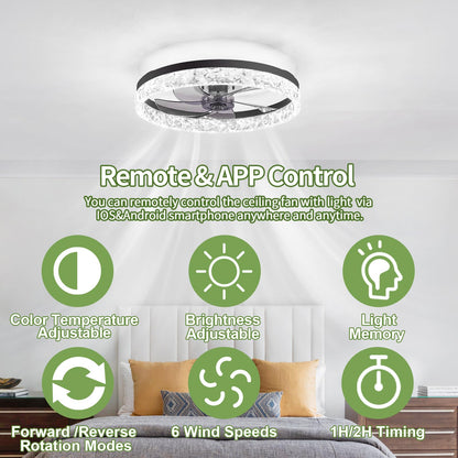 Modern Ceiling Fans with Lights Dimmable, flush mount ceiling fan with lights and remote, 20'' fandelier ceiling fan with light ,bladeless ceiling fan with light for Bedroom Living Room Kitchen
