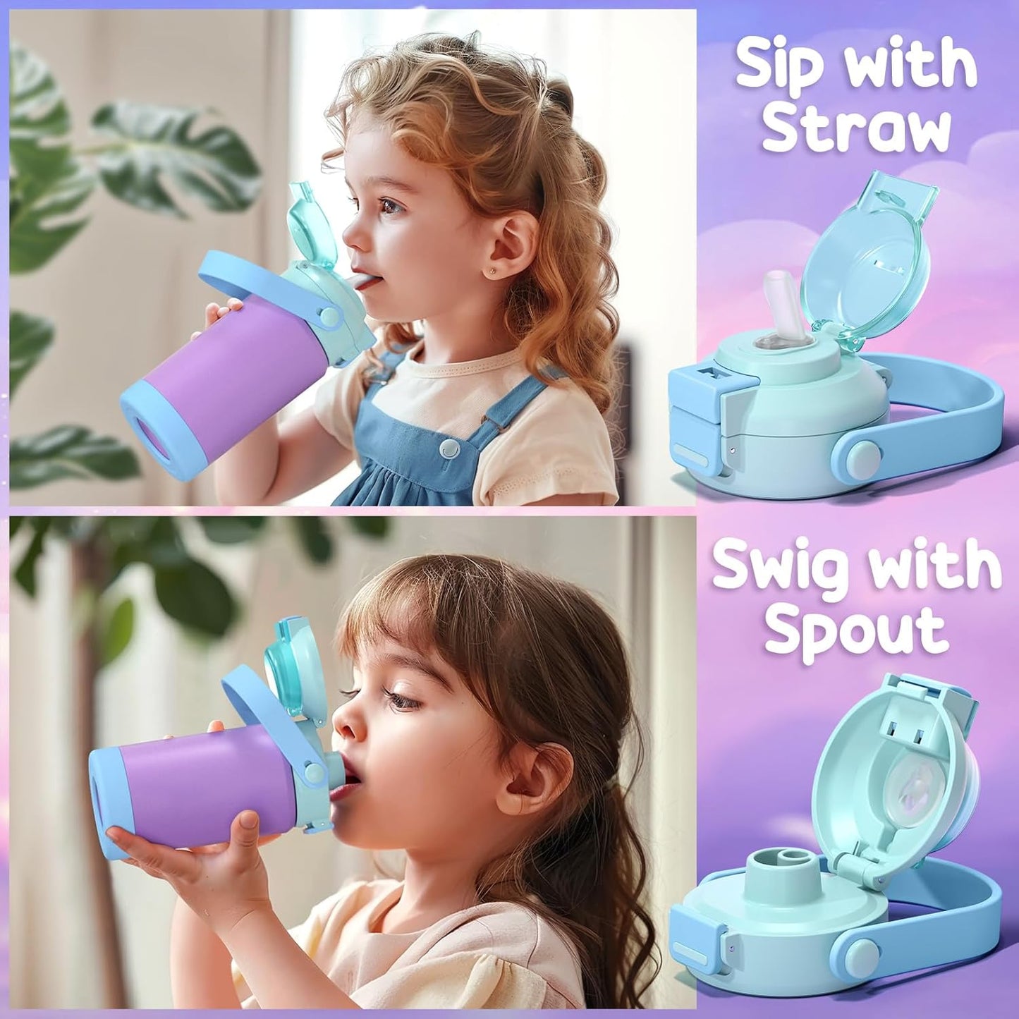 Skiennix Kids Insulated Water Bottle - 18oz Leak-Proof Stainless Steel Tumbler with 2-in-1 Lid | Rainbow & Mermaid Design