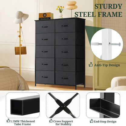 Skiennix 10-Drawer Dresser - Anti-Tip Tall Storage Organizer with Wooden Top & Metal Frame | Black