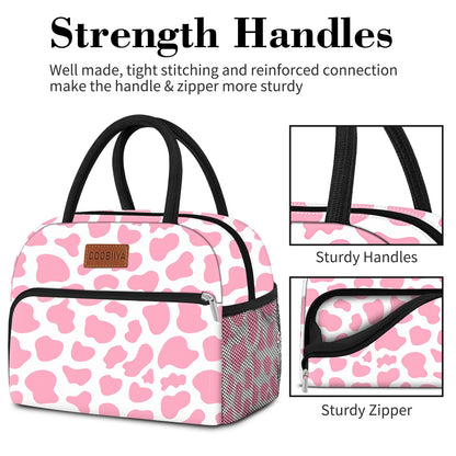 Coobiiya Lunch Bag Women, Lunch Box Lunch Bag for Women Adult Men, Small Leakproof Cute Lunch Tote Large Capacity Reusable Insulated Cooler Lunch Container for Work/Office/Picnic/Travel-Pink Cow