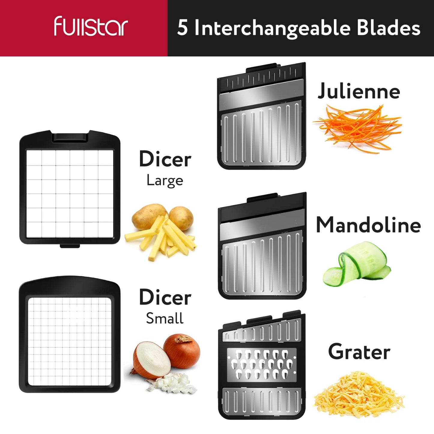 Fullstar All-in-1 Vegetable Chopper, Mandoline Slicer & Cheese Grater - French Fry Cutter & Veggie Dicer - Includes Bonus Handheld Spiralizer - Cook's Tool & Gadget Sets (6 in 1, Stainless Steel)