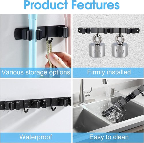 Huryfox Heavy-Duty Stainless Steel Broom Holder - Adjustable Wall Mount for 1-4 cm Diameter, Black | 3 Racks & 2 Hooks