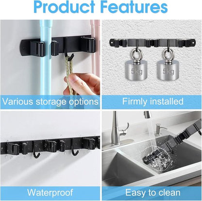 Huryfox Heavy-Duty Stainless Steel Broom Holder - Adjustable Wall Mount for 1-4 cm Diameter, Black | 3 Racks & 2 Hooks