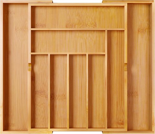 BAMEOS Bamboo Drawer Organizer - Expandable Cutlery Tray for Kitchen & Bathroom Storage