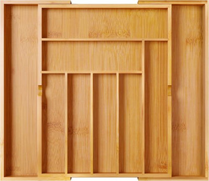 BAMEOS Bamboo Drawer Organizer - Expandable Cutlery Tray for Kitchen & Bathroom Storage