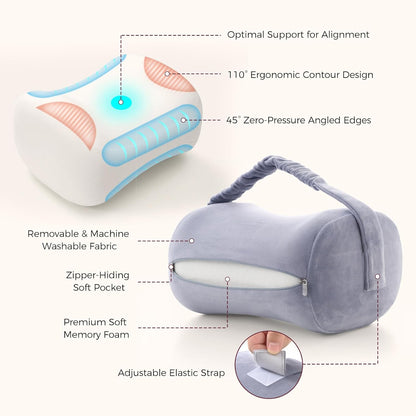 Momcozy Knee Pillow - Soft Memory Foam for Side Sleepers | Adjustable Elastic Strap, Gray Crystal Velvet