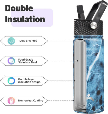Skiennix 18 oz Insulated Stainless Steel Water Bottle - Marble Ocean Design with 3 Lids