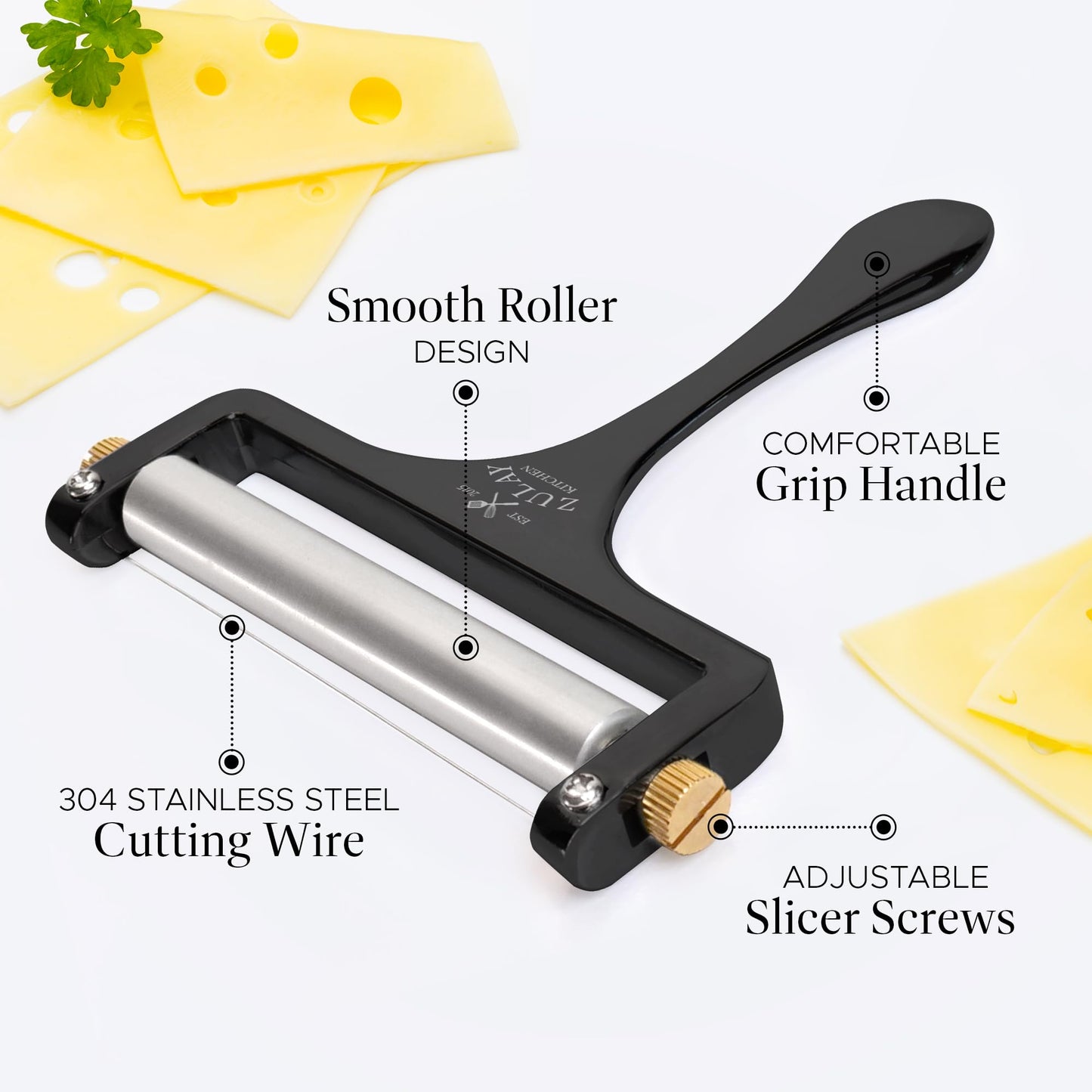 Zulay Kitchen Stainless Steel Wire Cheese Slicer - Adjustable Hand Held Cheese Cutter with 2 Extra Wires - Premium Cheese Shaver For Mozzarella, Cheddar, Gruyere - Cheese Cutter with Wire (Black)