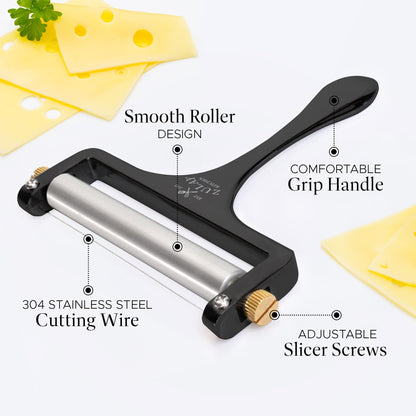 Zulay Kitchen Stainless Steel Wire Cheese Slicer - Adjustable Hand Held Cheese Cutter with 2 Extra Wires - Premium Cheese Shaver For Mozzarella, Cheddar, Gruyere - Cheese Cutter with Wire (Black)