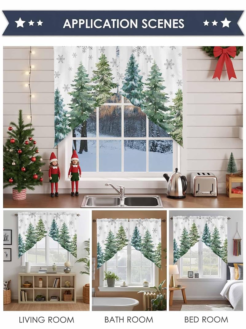 Christmas Swag Valance with Green Pine Tree Pattern, 36W x 45L, 2 Panels, Rod Pocket - Xmas Tree + 36W x 45L