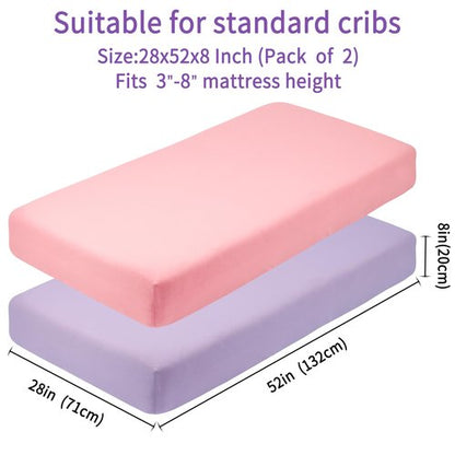 GUNTAIL Crib Sheets for Boys Girls,100% Cotton Fitted Crib Sheet 2 Pack for Standard Crib and Toddler Mattress, Super Soft Breathable Baby Sheet 28x52x8in (Purple & Pink)