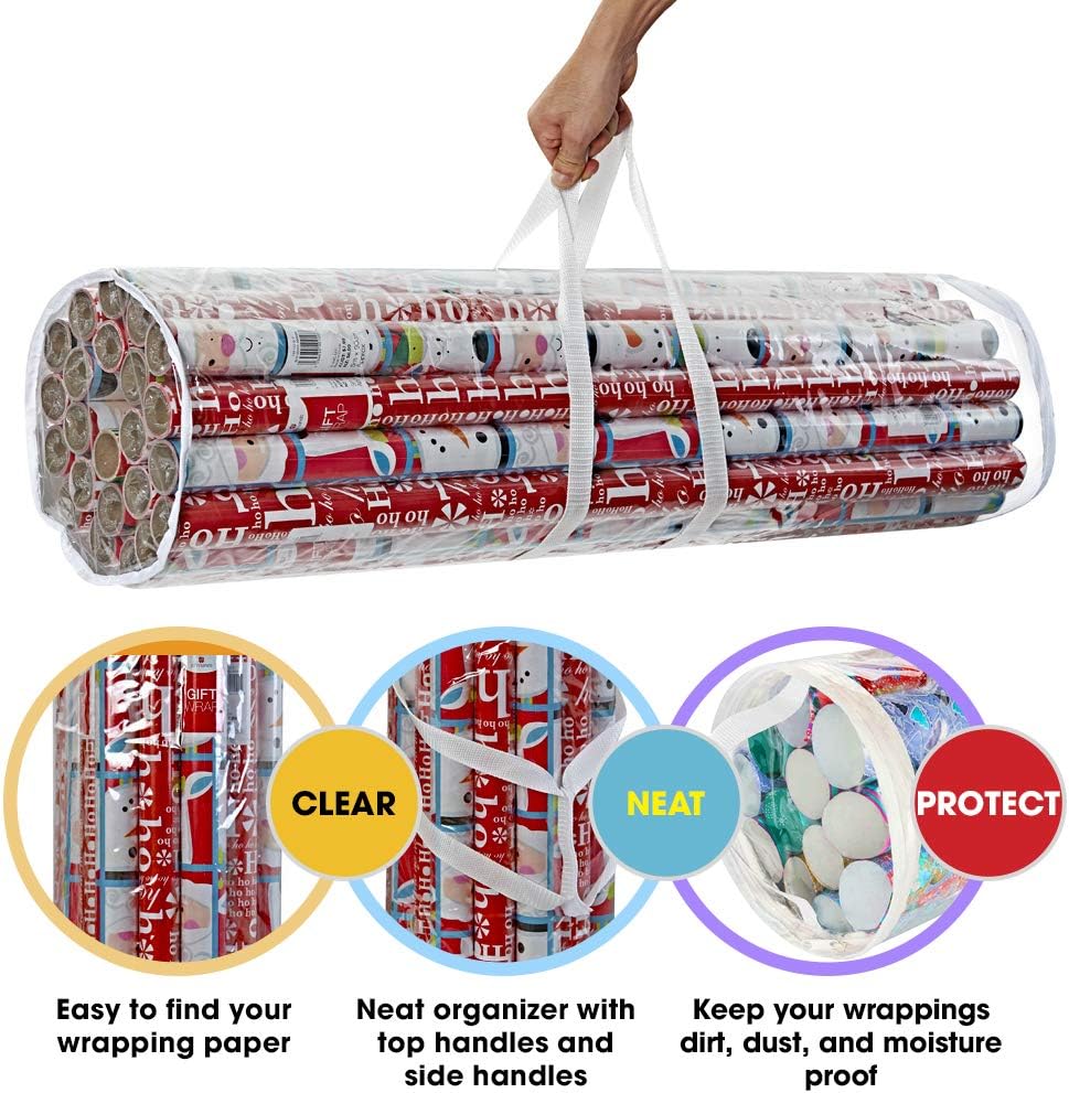 ProPik Gift Wrap Organizer - Heavy-Duty Wrapping Paper Storage Bag | Holds Up to 24 Rolls, 40 Inch Long, Clear PVC