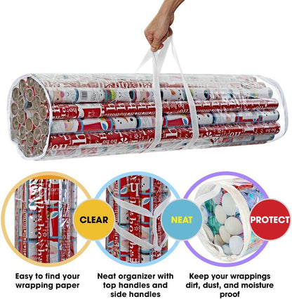 ProPik Gift Wrap Organizer - Heavy-Duty Wrapping Paper Storage Bag | Holds Up to 24 Rolls, 40 Inch Long, Clear PVC