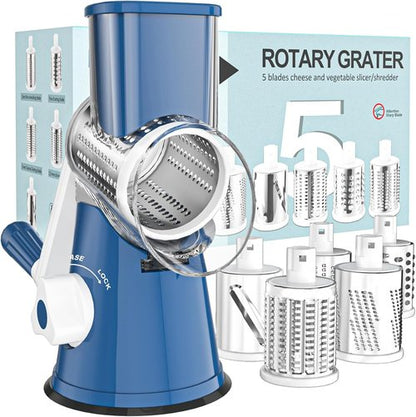 Cambom Rotary Cheese Grater - Hand Crank Shredder for Fresh Cheese & Vegetables | Deep Blue, Five Blades
