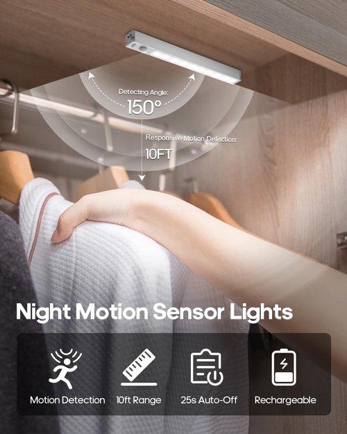 GOODEA 6 Pack LED Under Cabinet Lights - Wireless, Rechargeable Motion Sensor, Dimmable Indoor Lighting | 7” for Cabinets, Bookshelves, Stairs, Hallways
