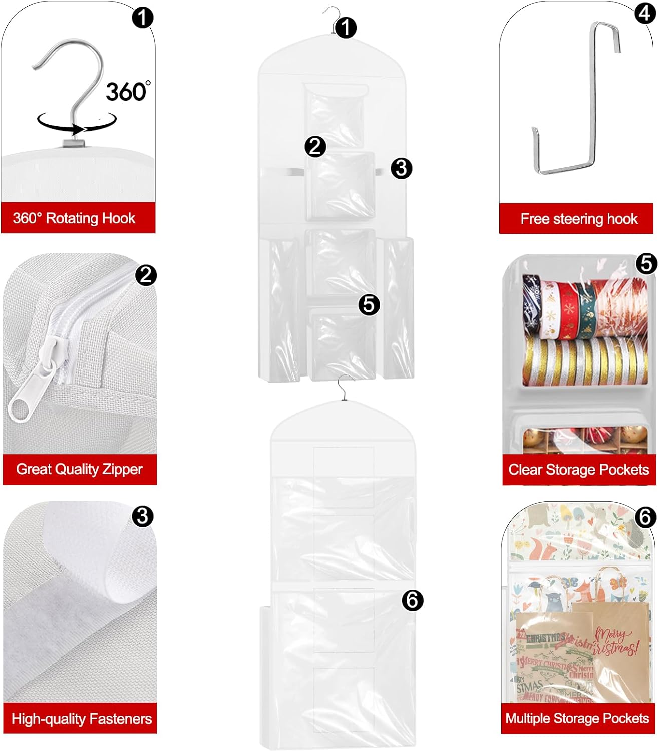 Woodoulogy Gift Wrapping Paper Storage Bag - Double-Sided 40"x17" White Oxford Organizer for Christmas Decor