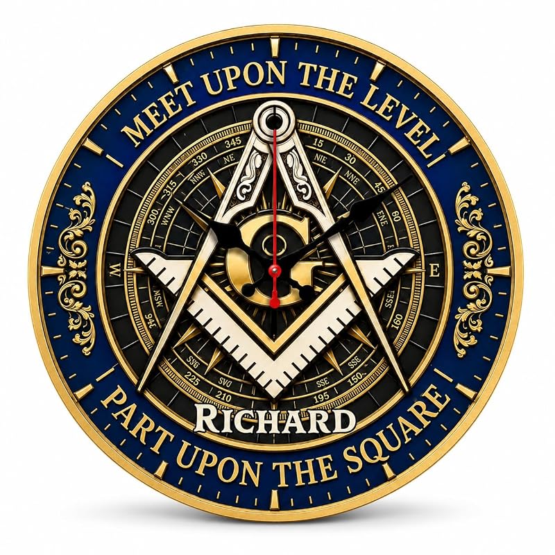 Personalized Masonic Wall Clock - Meet Upon The Level, Custom Name