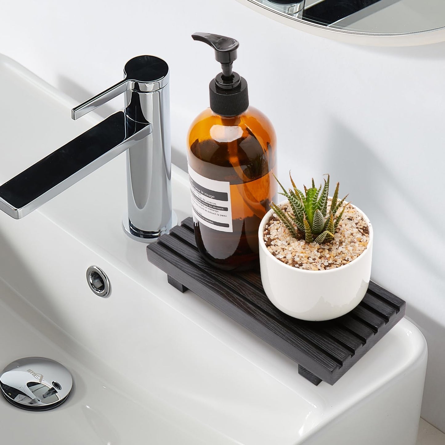 Regine Switzerland Small Bathroom Counter Organizer Tray - Decorative Wooden Pedestal Stand | Black Soap Holder