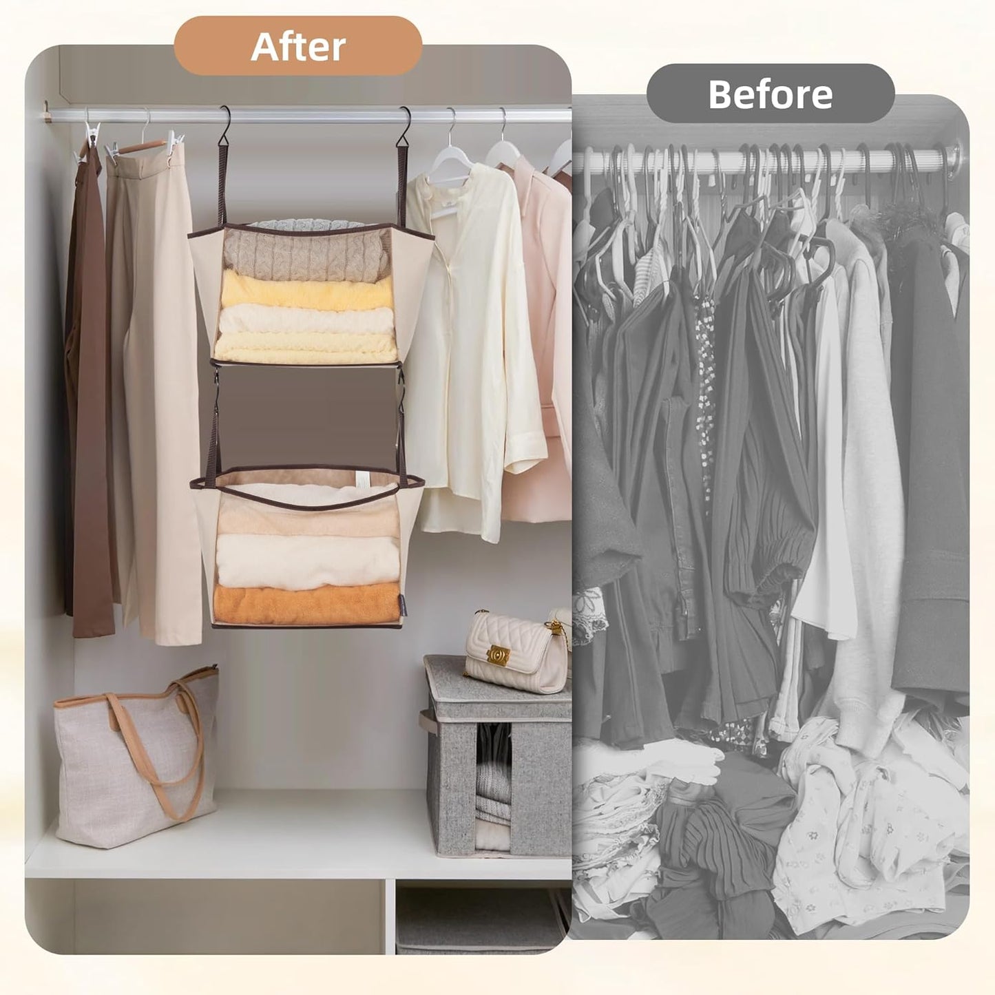 Storage Maniac 2-Shelf Hanging Closet Organizer - Canvas Shelf with Hooks for Dorms & Bedrooms | Beige