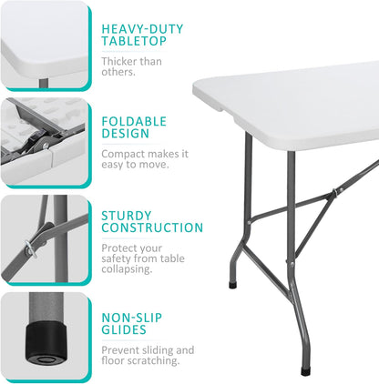 Skiennix 6FT Folding Table - Portable Heavy-Duty Plastic for Indoor/Outdoor Use | Ideal for Picnics & Parties