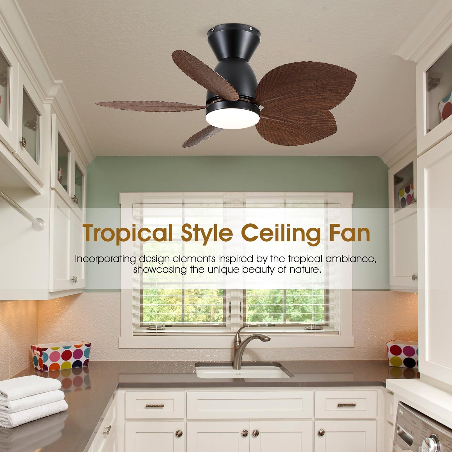 Kviflon Low Profile Ceiling Fans with Lights and Remote/APP Control, 30 Inch Small Tropical Ceiling Fan with Light Flush Mount, Outdoor Palm Leaf Ceiling Fans for Patios Porch, Quiet, Brown