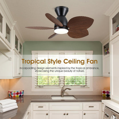 Kviflon Low Profile Ceiling Fans with Lights and Remote/APP Control, 30 Inch Small Tropical Ceiling Fan with Light Flush Mount, Outdoor Palm Leaf Ceiling Fans for Patios Porch, Quiet, Brown