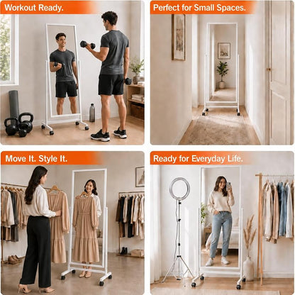 Full Length Mirror with Wheels 65 x 22 in Freestanding White Wood Frame - Adjustable Tilt