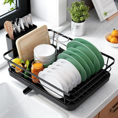 Kitsure Dish Drying Rack - Stainless Steel Kitchen Sink Organizer with Cutlery Holder | 12"W x 15.5"L, Black