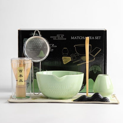 DWEHIXBUY Matcha Tea Kit 7-Pcs Set, Whisk and Bowl with Spout & Measuring Spoon, Japanese Tea Making Tools,Cha, tea bowl, tea spoon, tea cloth, set the mountain, check the sieve,