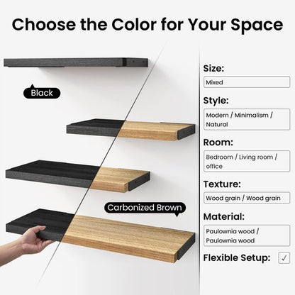 BAYKA Wall Mounted Floating Shelves, Wood Floating Wall Shelf for Books & Decor, Small Space-Saving Display & Organizer（Black，Set of 3）