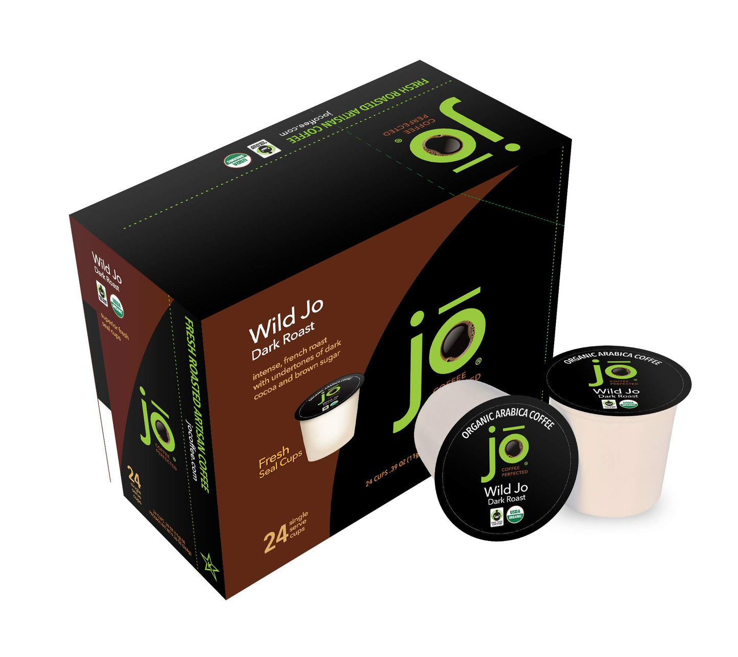 WILD JO: 24 Cups Dark French Roast Organic Coffee for Keurig K-Cup Compatible Brewers, Fresh Seal Single Serve Cups, Bold Strong Rich Wicked Good, Fair Trade Certified, Kosher, Non-GMO, Gluten Free