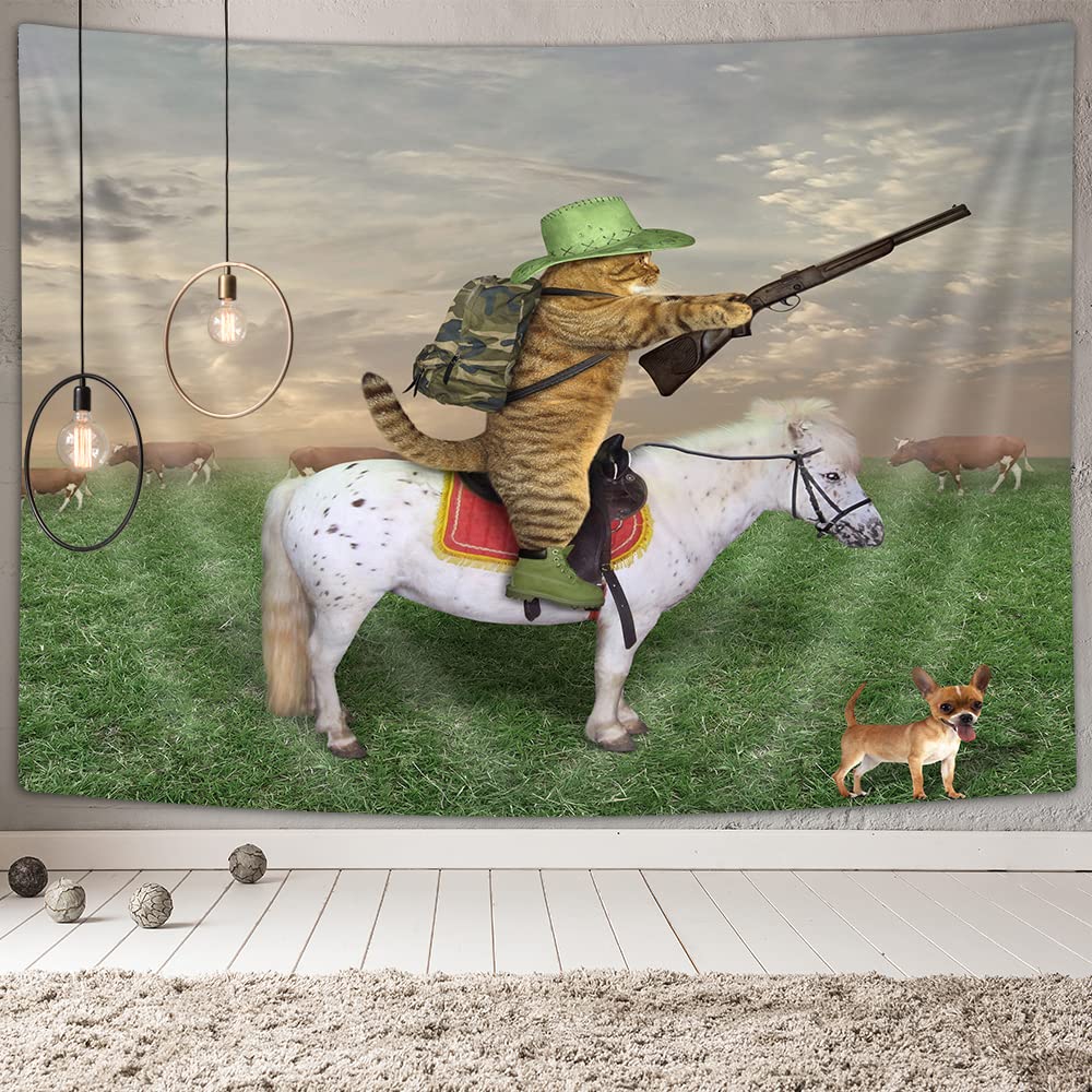 Funny Animals Tapestry, Cat Cowboy with Rifle Rides A Horse on Green Grass Ranch with Cow Dog Wall Tapestry, Tapestry Wall Hanging for Bedroom Living Room Dorm TV Background, 90X70IN