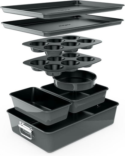 NutriChef 8-Piece Nonstick Bakeware Set - PFOA-Free Baking Pans for Cakes, Muffins & Cookies | Oven Safe to 450°F (Gray)