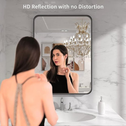 LOAAO Black Metal Framed Bathroom Mirror - 22x30 Inch Rounded Rectangle, Anti-Rust, Versatile Hanging Options