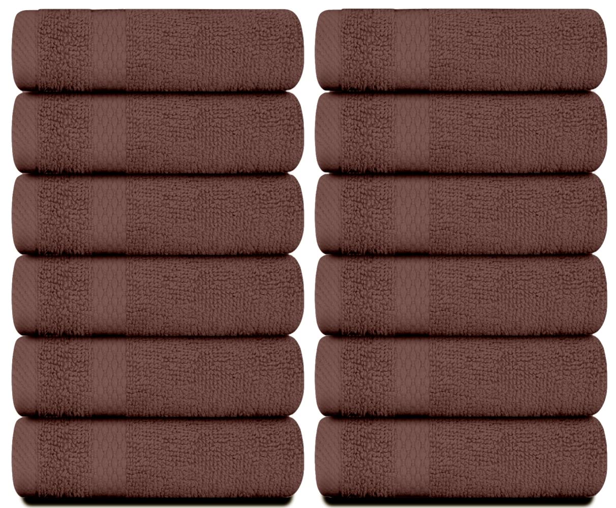 White Classic Luxury Cotton Washcloths 13x13 Inch - 650 GSM Turkish Cotton | Hotel, Spa, Bathroom Face Towel | 12 Pack, Brown