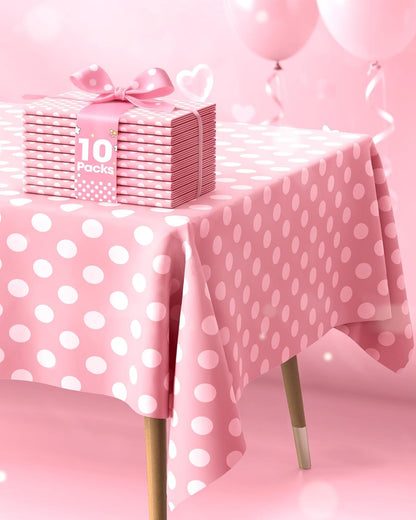Pureegg Disposable Plastic Tablecloths - 10 Pack, 54 x 108 Inch, Sturdy Pink Polka Dot for Parties & Events