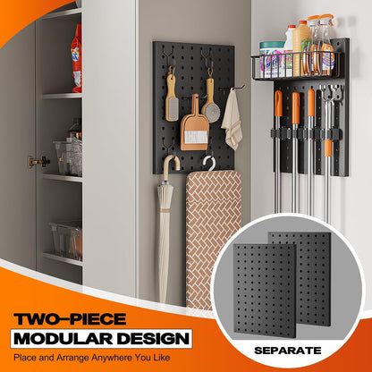 Peg Board Wall Organizer by Broom Holder - Mop Hanger with Gripper Hooks & Basket for Laundry Room Storage