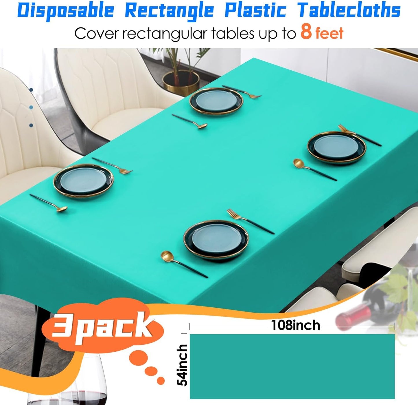 Skiennix Disposable Teal Plastic Tablecloth - Rectangular 54 x 108 Inch Cover for Parties | 3 Pack