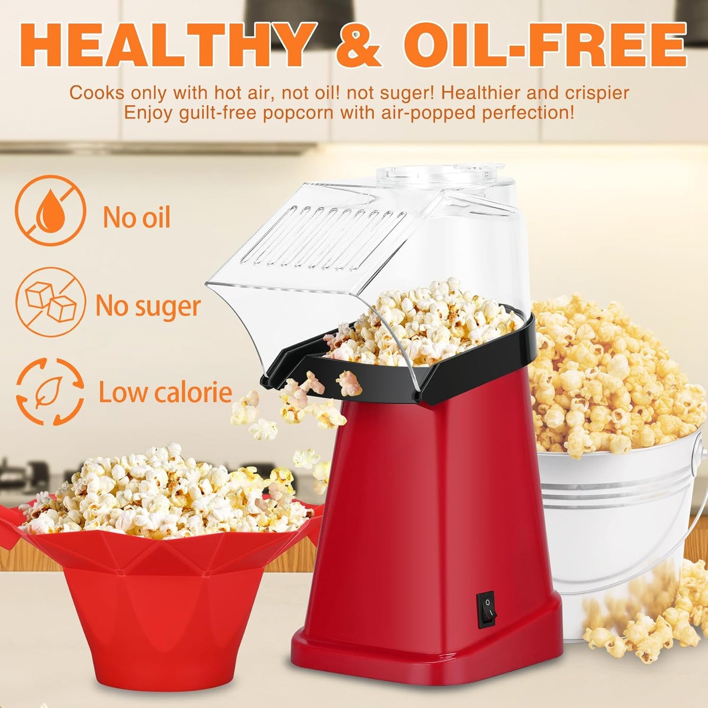Skiennix Hot Air Popcorn Popper - Fast 1200W Machine with Bowl, Measuring Cup & Butter Tray | Perfect for Parties