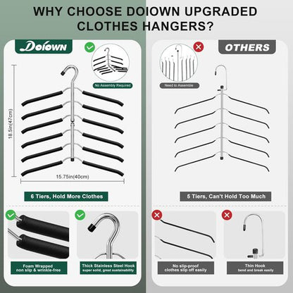 DOIOWN Space Saving Coat Hangers - Non-Slip Foam Padded Black Metal, 6-Tier Design for Men & Women | 2 Pack Closet Organizers