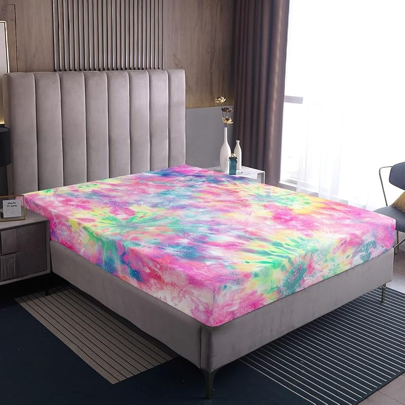 Kids Tie Dye Pink Bed Sheet Set 4 Pcs Queen – Deep Pocket Fitted Sheets Included, Boho Batik Sheeting