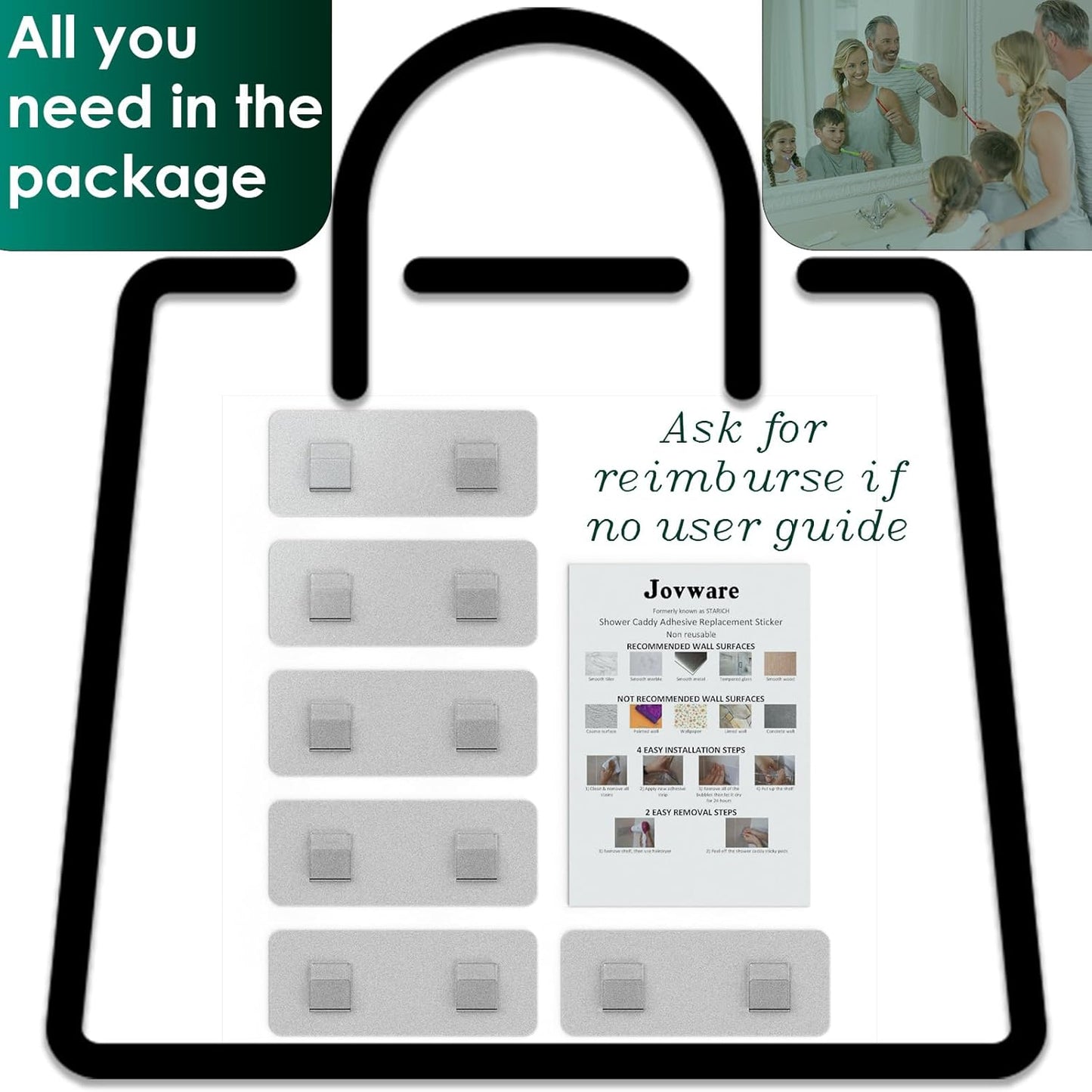 Shower Caddy Adhesive Replacement, Shower Shelf Adhesive, Shower Adhesive Strips, Adhesive Stickers Transparent 2 Flat Hooks 6 1/2