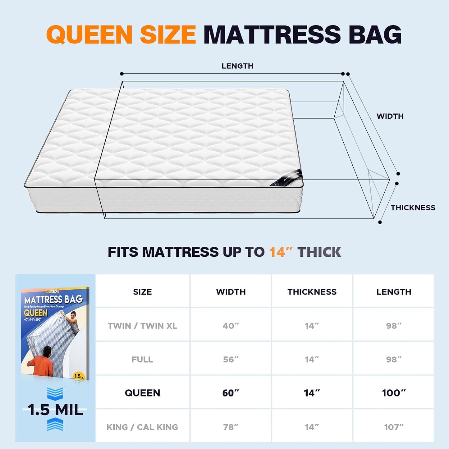 Regine Switzerland Waterproof Mattress Bag - Durable Plastic Protector for Moving | Queen Size (1.5MIL)