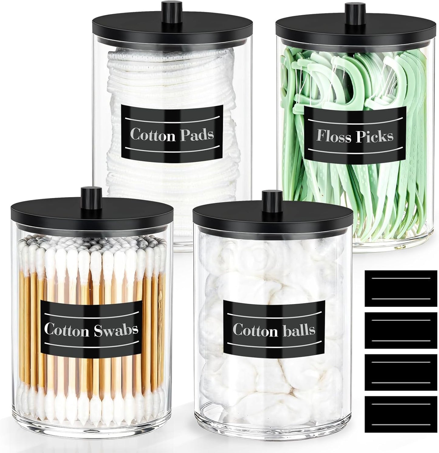 Skiennix Acrylic Qtip Holder Set - 4 Pack Clear Bathroom Canisters with Labels for Organized Vanity Storage